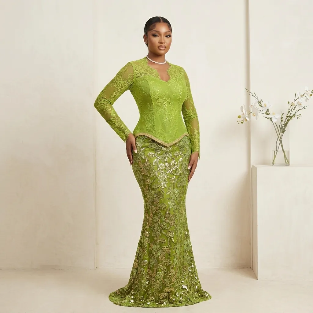 Jiofit Aso Ebi look in lime-green lace, with a long-sleeved bodice and a sequinned mermaid skirt