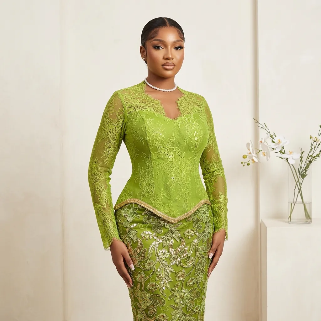 Closer view of the lime-green lace bodice and pearl necklace on a Jiofit Aso Ebi look